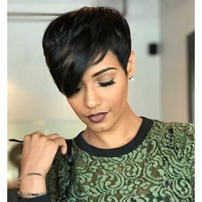 Women Short Black Pixie Cut Straight Layered Human Hair Wig Full Machine Made US