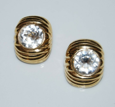 ELEGANT VTG CINER COUTURE LG CRYSTAL GOLDEN RIBBED ART DECO STYLE CLIP EARRINGS