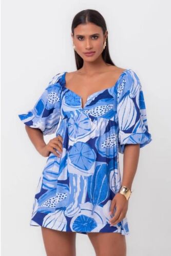 NWT Farm Rio SZ P EU 38 US 4 6 Frutabela Print Short Dress Blue White