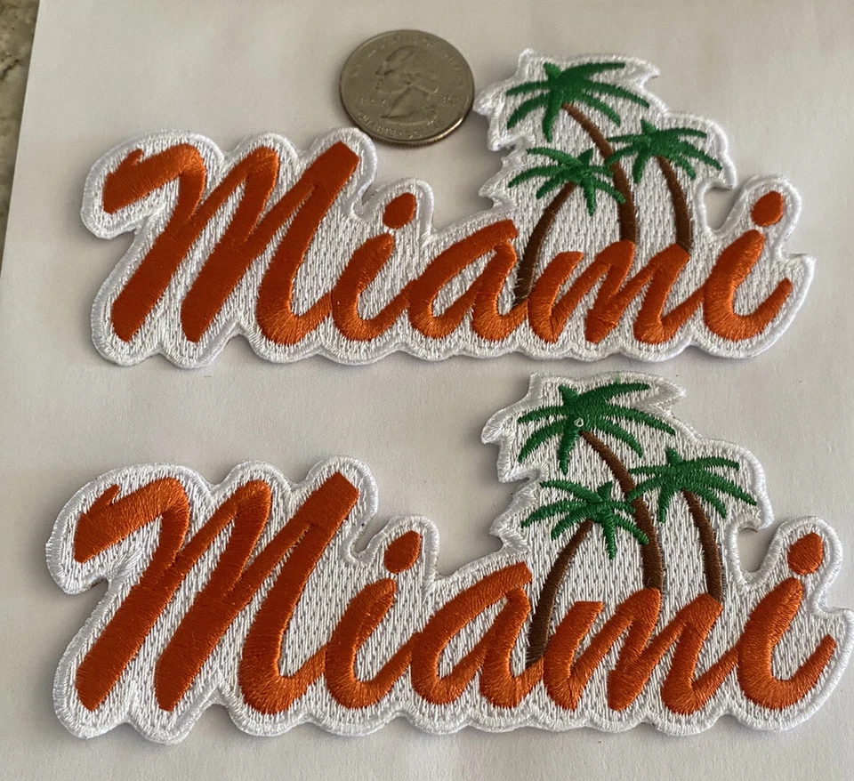 (2)-“MIAMI” VINTAGE HIERRO EN PARCHES BORDADOS. Naranja 5"x 2". Hermoso! Foto 3 de 3