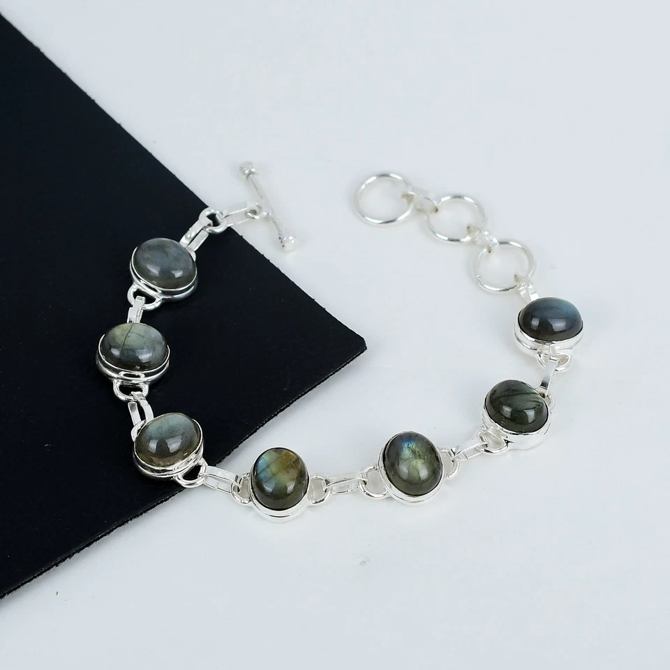 Natural Labradorite Gemstone Bracelet 925 Sterling Silver Jewelry For Love Gifts - Image 2 of 4