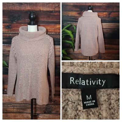 Relativity Sweater Turtleneck Size Medium Pink Soft Laced Shoulder Womens