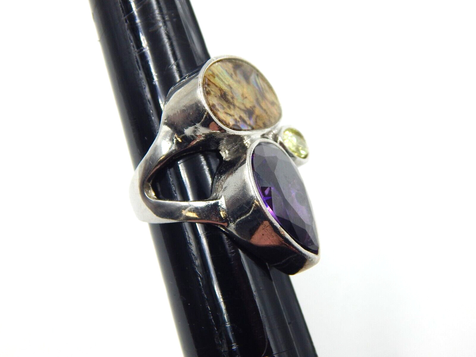 Silver Tone Statement Ring with Amethyst Abalone … - image 3