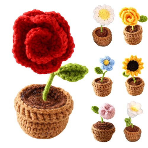 Crochet Knitted Flower In Pot Cute Cartoon Potted Plant Ornament Birthday Gift