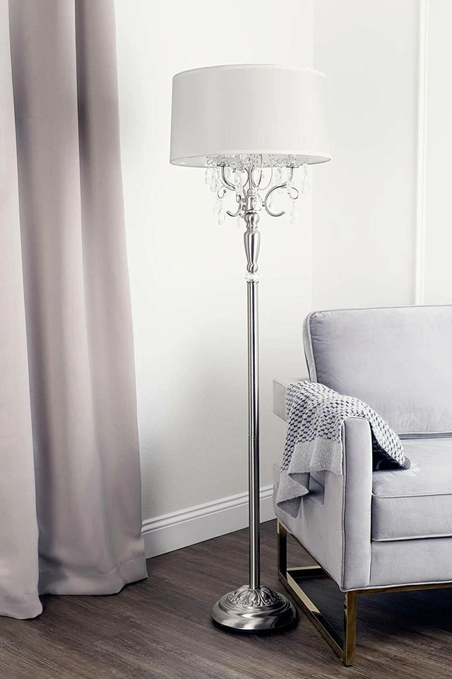 Elegant Chandelier Crystal Tear Drop Silver with White Shade Floor Lamp 62''H - Image 3 of 4