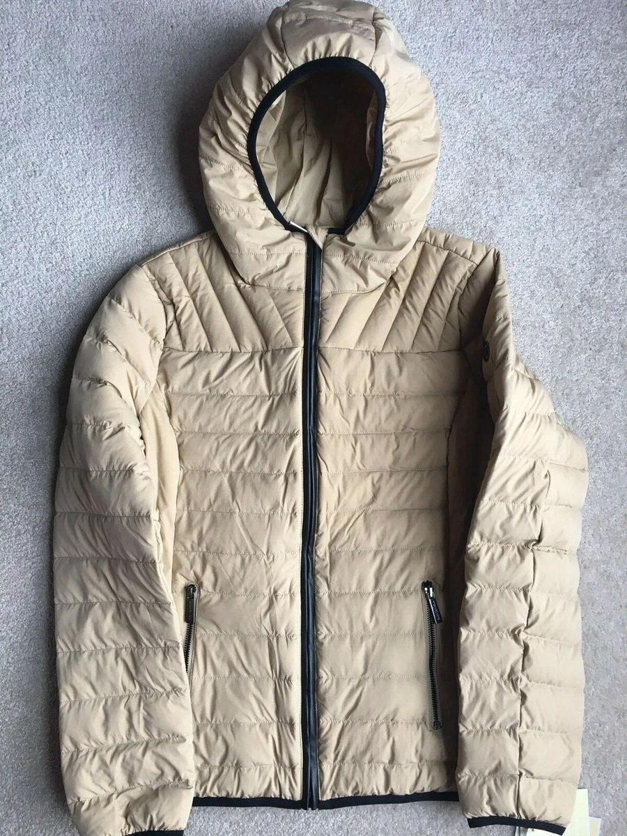 MICHAEL KORS Down Quilted Packable Hooded Stretch Jacket Puffer M Khaki Beige