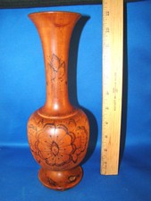Hand Carved Wood Vase Etched with Floral Design 10.5" tall 2B
