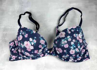 Victoria s Secret Push-up Bra 36B navy pink floral rose flirty