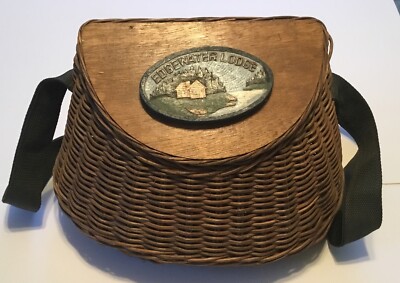 Ancien Panier Pêche Créel Osier Edgewater Lodge Vintage Avec Sangle