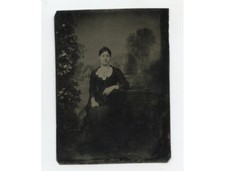 PAINTED BACKDROP GAZEBO + TREES, TINTYPE STUDIO PORTRAIT LADY AT TABLE 1/6 PLATE