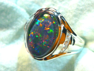 Opal Ring Ladies Sterling Silver (925) & CZ, 13 x 9mm Oval Shape Triplet 120250