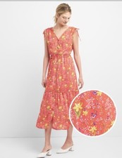 NWT Gap Women $79.95 Floral Print Tiered Coral Midi Dress Top Sz S