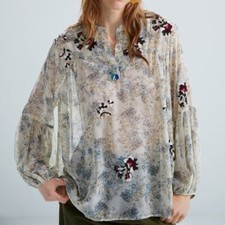 NWT Zara Silver Semi-Sheer Embroidered Animal Print Blouse 7521/239