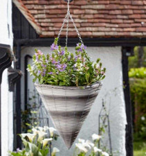 Garden Hanging Basket Cone 14'' Flower Plant Planter Rattan Grey Pre Lined 7L