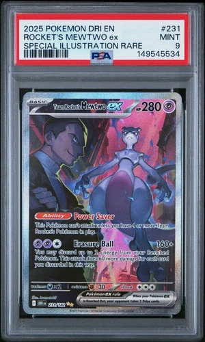 2025 POKEMON DESTINED RIVALS SPECIAL ILLUSTRATION TEAM ROCKET'S MEWTWO EX PSA 9