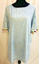 NWOT WOMENS LOVERICHE LOOSE CHAMBRAY DRESS W/RAIMBOW POM-POM SLEEVES | SZ LARGE