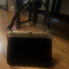 Vtg Mid-Century Patent Leather Handbag Purse Gold Toned Detailing And Clasp 50s
