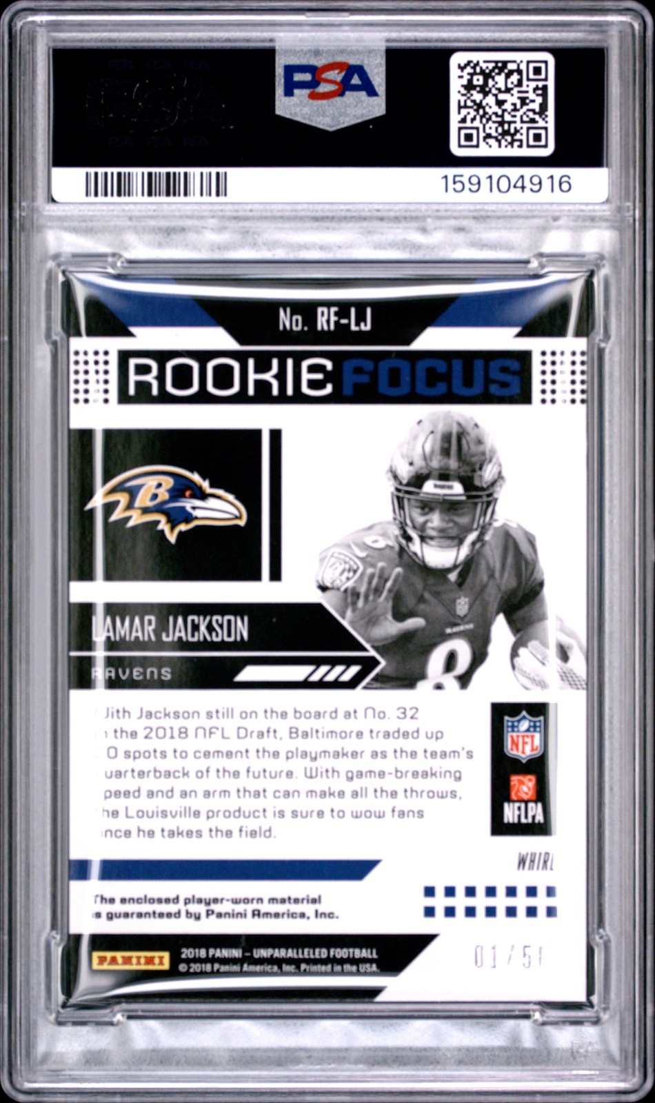 2018 PANINI UNPARALLELED ROOKIE FOCUS MATERIAL-WHIRL LAMAR JACKSON 1/50 PSA 8 view 2