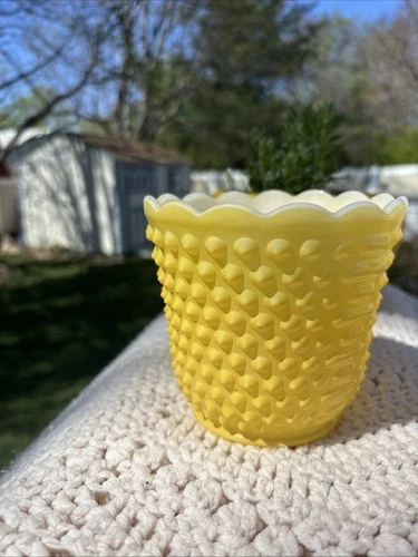 VTG Fire King Flower Pot Milk Glass Yellow  Hobnail Planter Vase 4.5”