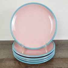 Vintage Rio Stoneware Pink Japan Side Salad Plate Blue Trim MCM Retro Set Of 4