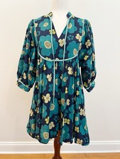Entro Dress Small Green Floral Puff Sleeve Babydoll Cotton V Neck Pockets Lined