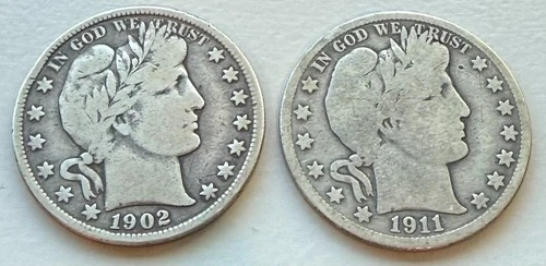1902- & 1911 Barber Half Dollars ~ 90% SILVER ~ (G/VG) Good Condition ~ Lot of 2