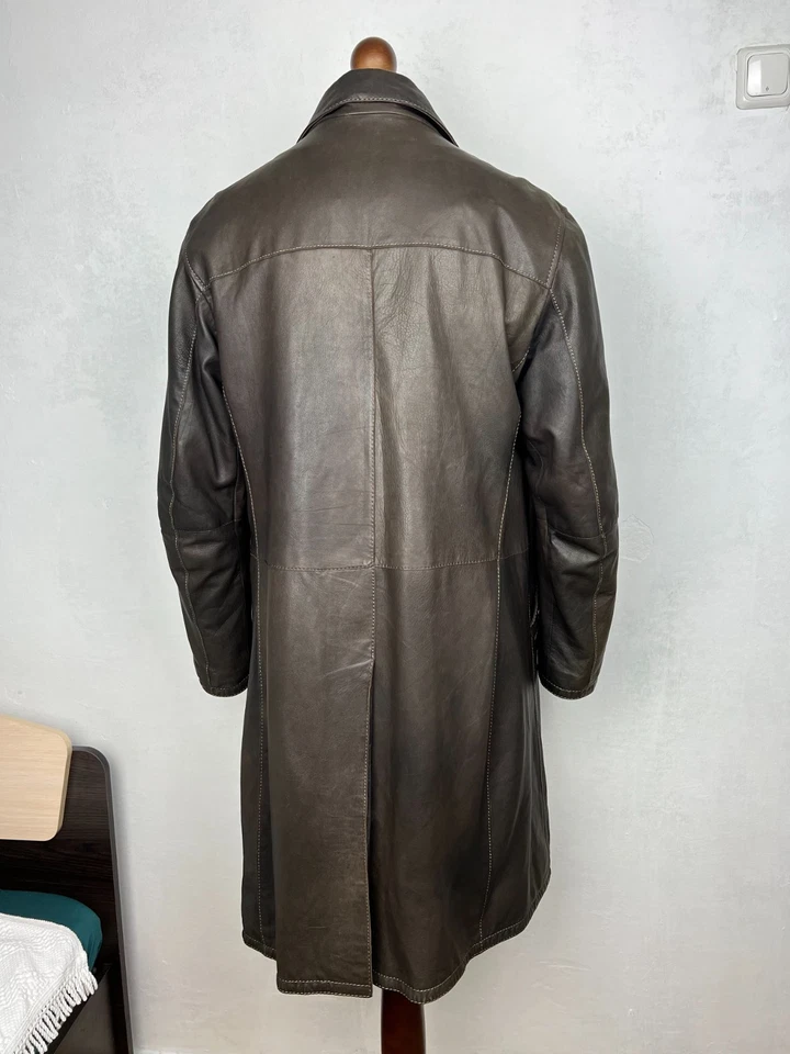 GIMOS Dark-Brown Soft Leather Collared Single-Breasted Long Overcoat 40US50IT - Image 4 of 4