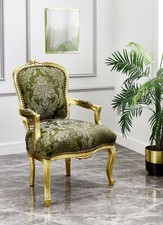 Poltrona con braccioli in stile barocco foglia oro e tessuto floreale verde