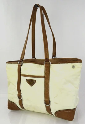 Authentique sac à main fourre-tout PRADA beige en nylon et cuir marron #60796 - Photo 1/4