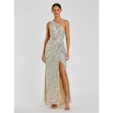 Mac Duggal 5687 Silver Sequined One Shoulder Draped Lace Up Gown Size 4 NWT