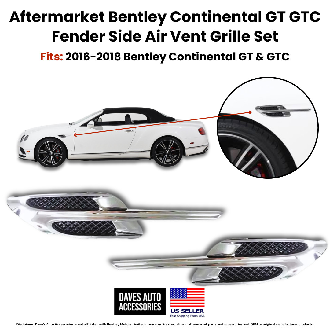 2016-2018 Bentley GT GTC Fender Air Vent Grilles Chrome Left Right Pair
