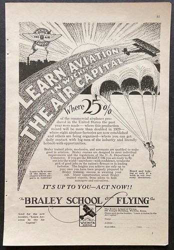 1928 Braley School of Flying print Ad “Learn Aviation in Wichita~The Air Capital