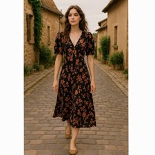A New Day Black Terracotta Floral Midi Dress Sze XS Puff Sleeve Feminine Cottage