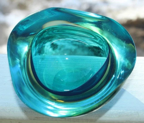 Vintage MCM MURANO Art Glass Bowl TEAL BLUE Thick & Heavy