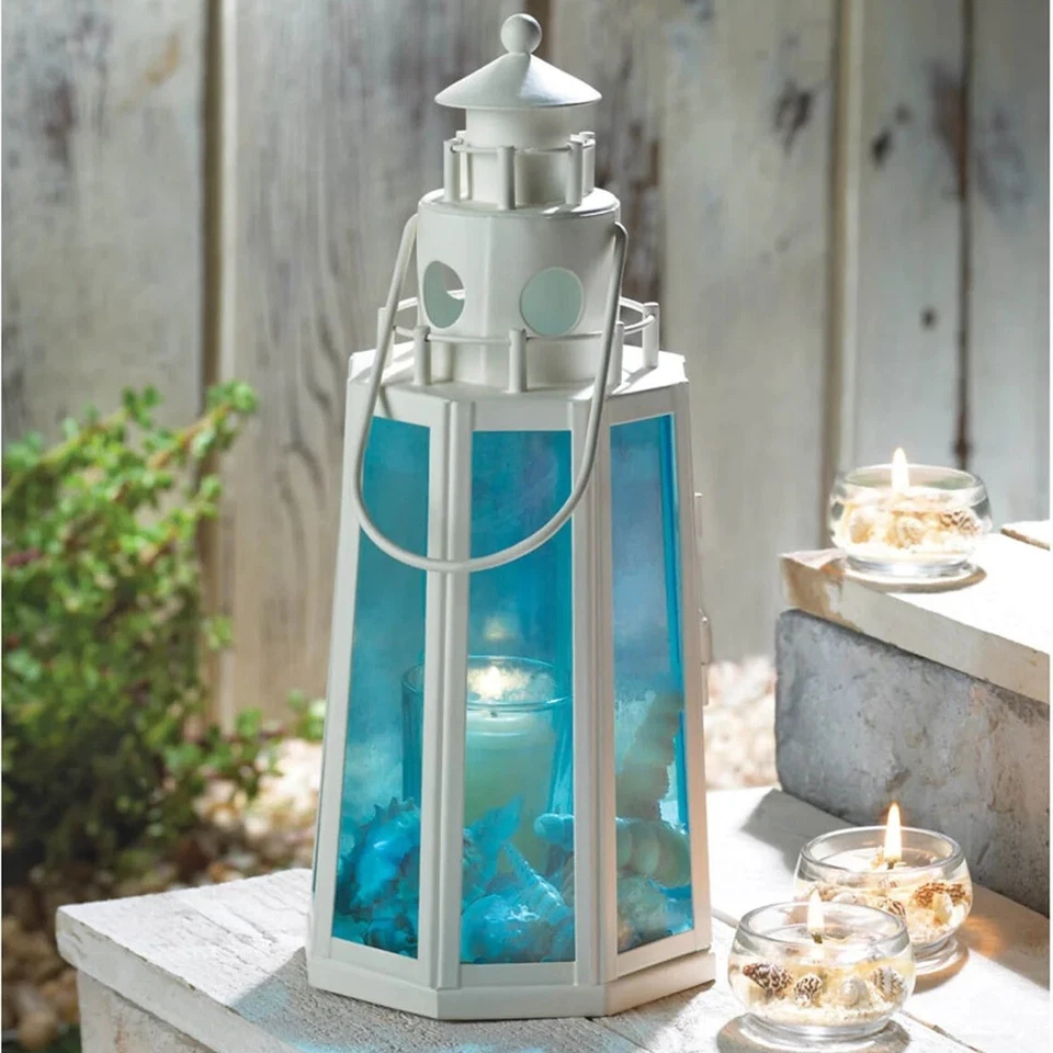 8 Pc Wedding Discount Lot Blue Candle Lantern Lighthouse Nautical Decor 10" H - Image 2 of 4