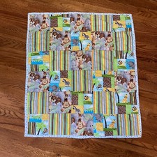 Crib Blanket Quilt Handmade VTG lightweight Baby Patchwork Animals Safari Boy