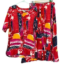 Vintage Womens 2 Piece Top Skirt Set 80's 90's Abstract Design CM Shapes Size LG