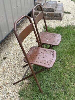 Vintage Metal Folding Chair Art Deco Punched Pattern Seat 1920's
