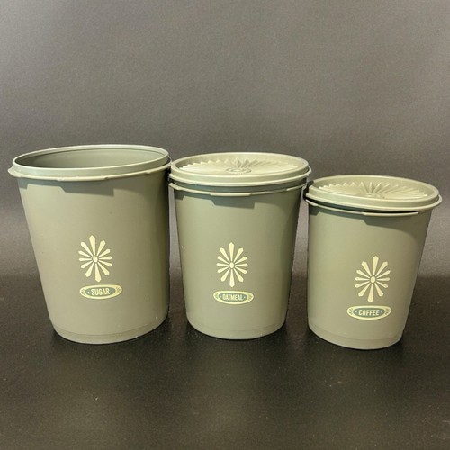 VTG Tupperware Avocado Green Atomic Burst Nesting Canisters Set Of 3 Missing Lid