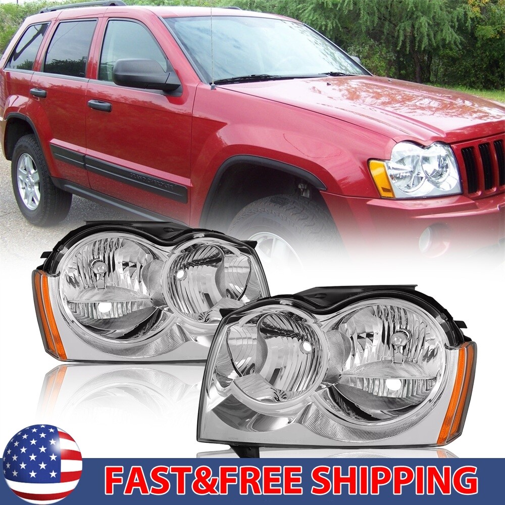 Headlights Assembly Fit2005 2006 2007 Jeep Grand Cherokee Chrome Housing Pair