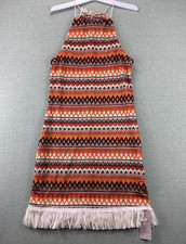 Emery Rose Orange Brown Cream Boho Knit Sleeveless Fringe Dress Size Med Hippie