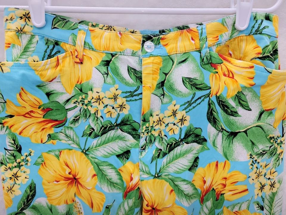 Pantalones ligeros para mujer Cappagallo elásticos con estampado floral azul amarillo 10 Foto 3 de 4