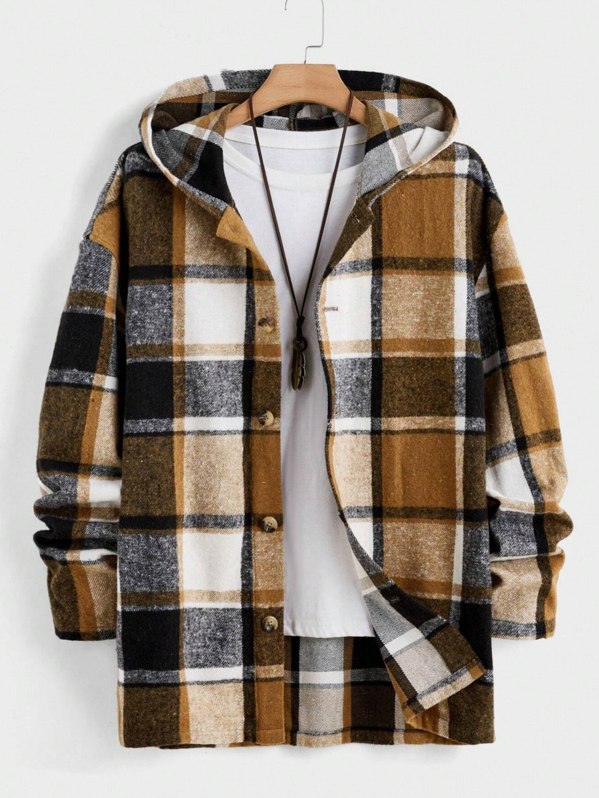 Camisas de Hombre de Cuadros Manga Larga con Capucha Negra Gris Informales de Moda