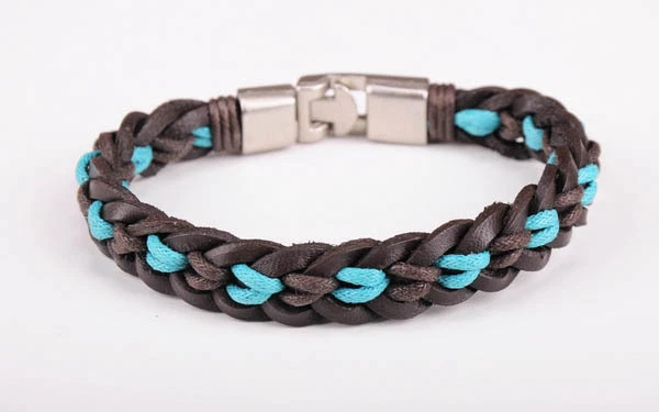 JG446 Pulsera Brazalete Brazalete Brazalete Hombre Cáñamo y Cuero Trenzado Roca Plata Nuevo L Foto 2 de 4