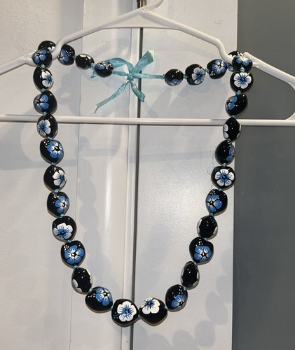 Hawaii Wedding Kukui Nut Lei Graduation Luau Hula Necklace Hibiscus Blue 19"