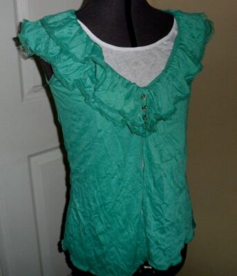 *FRENCH LAUNDRY KNIT TOP SHIRT SIZE PM GREEN WHITE LACE STRETCH NWT