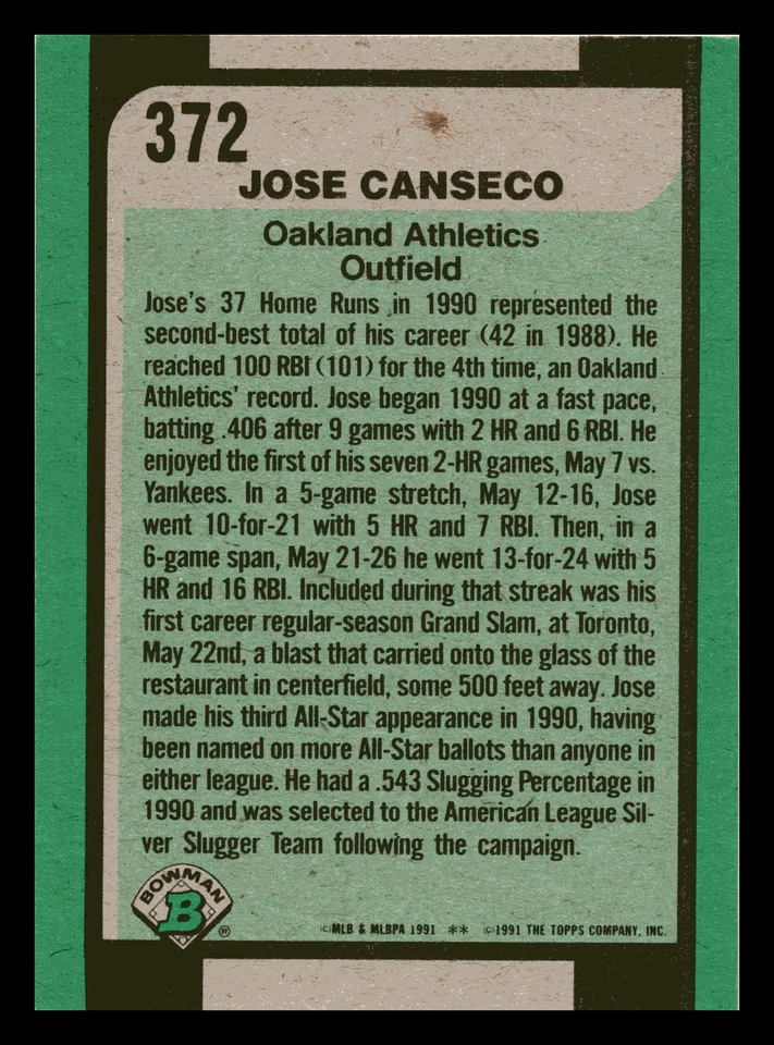 1991 Bowman Jose Canseco  Oakland Athletics #372 NM-MINT - Image 2 of 2