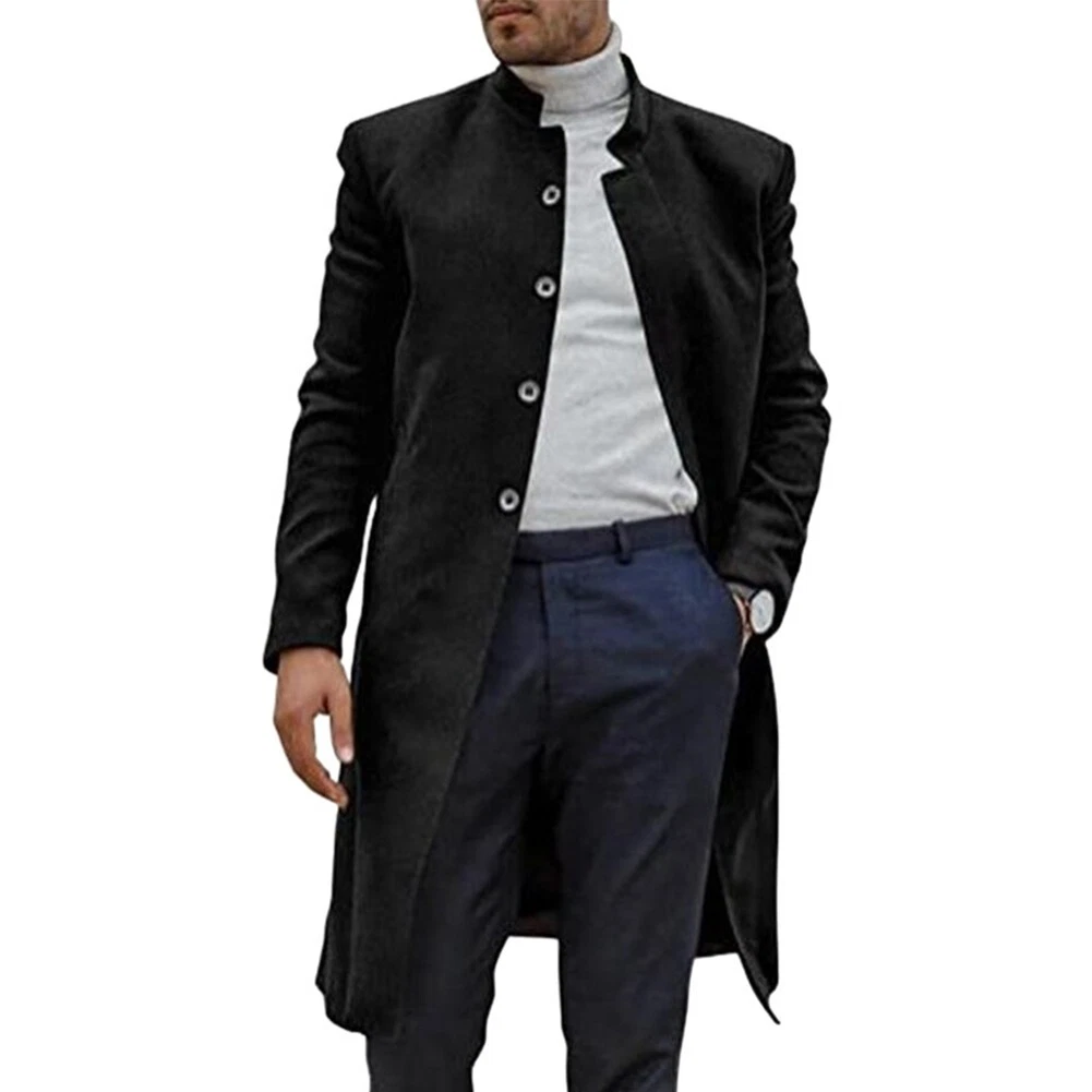 Elegante Giacca Lunga Uomo Nera Inverno Caldo Trench Cappotto Petto Singolo