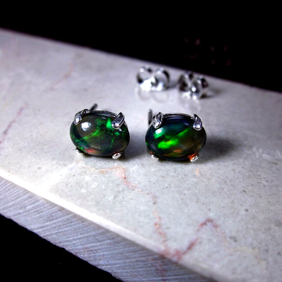 Aretes naturales de plata de ley 925 con piedras preciosas de cabujón de ópalo negro para mujer Foto 3 de 4