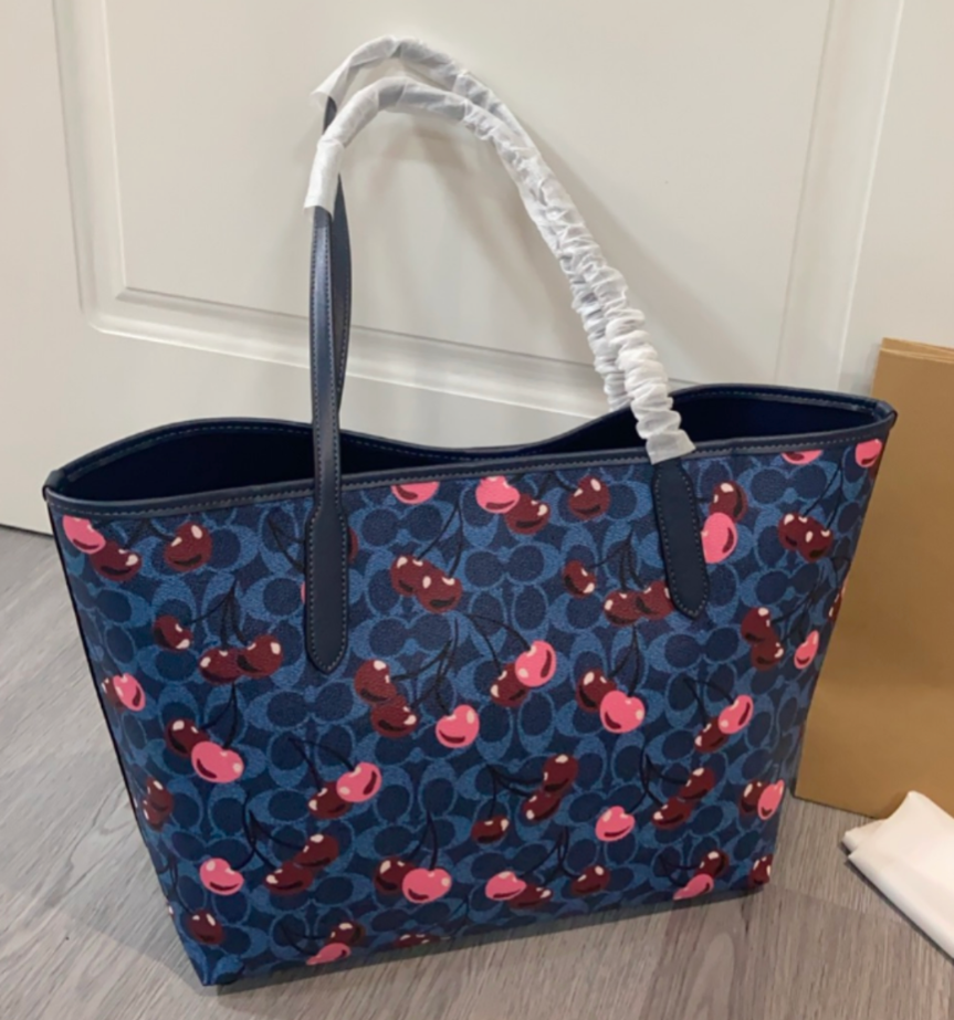 COACH City Tote Bag Signature Canvas Cherry Print Denim